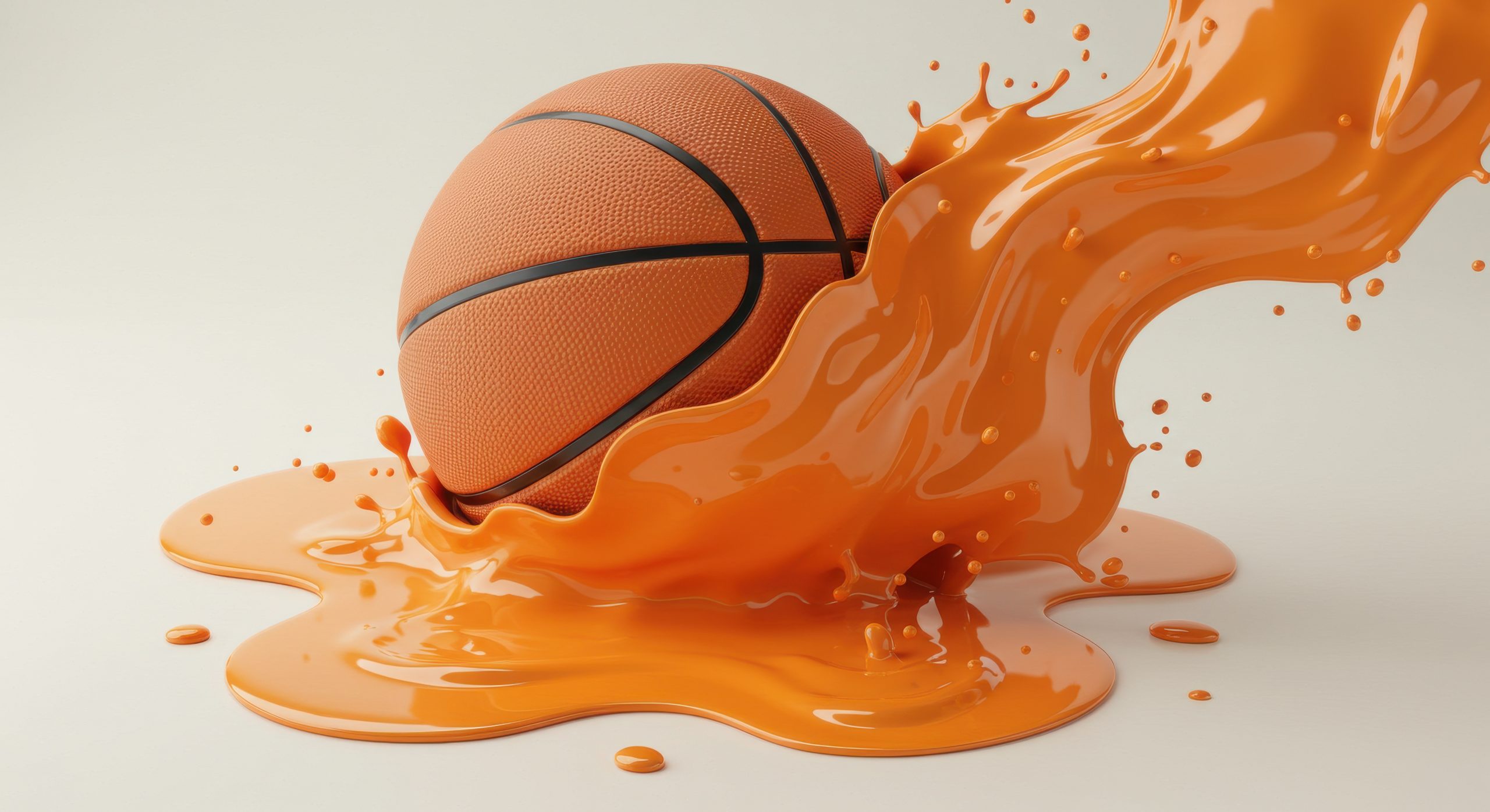Basketball melting into puddle of orange paint, abstract concept, 8K realism