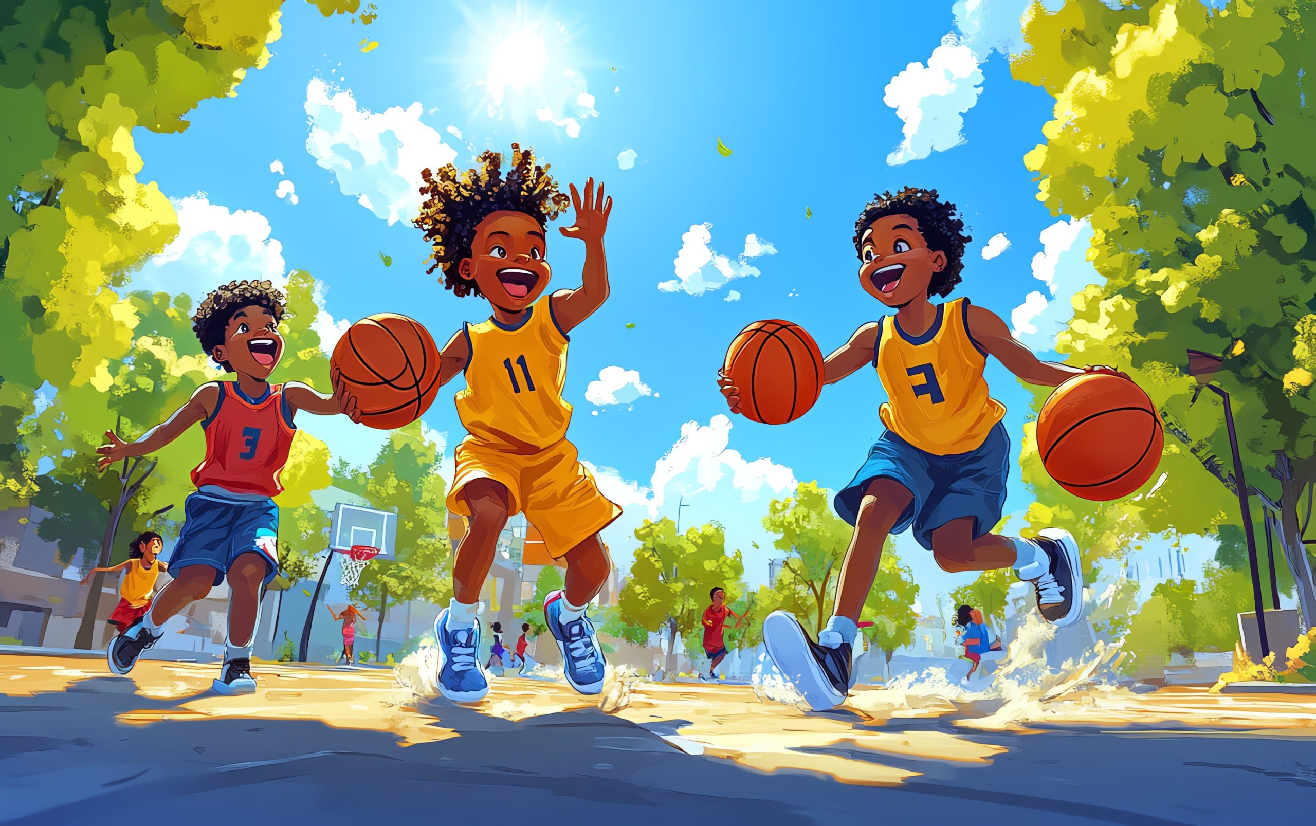 2D cartoon of Black children playing basketball, vibrant colors, joyful expressions, dynamic poses, urban park setting, whimsical style